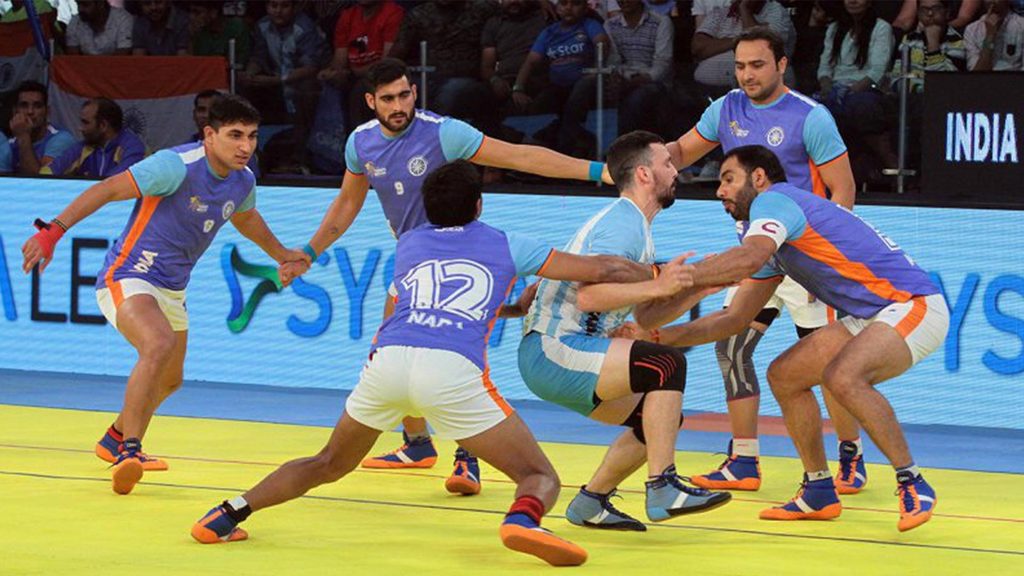 The Indian national kabaddi team in action against Argentina at the 2016 Kabaddi World Cup.