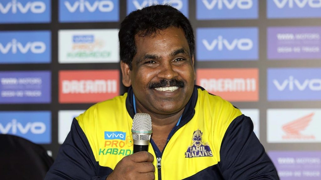 Tamil Thalaivas coach J Udaya Kumar at the post match press conference.
