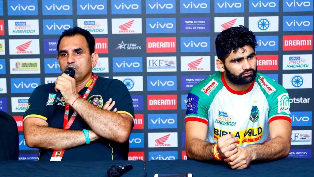Patna Pirates coach Ram Mehar Singh and skipper Pardeep Narwal at the post-match press conference.