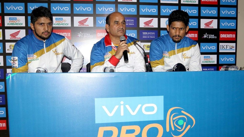 U.P. Yoddha skipper Nitesh Kumar, assistant coach Arjun Singh and raider Rishank Devadiga at the post-match press conference.