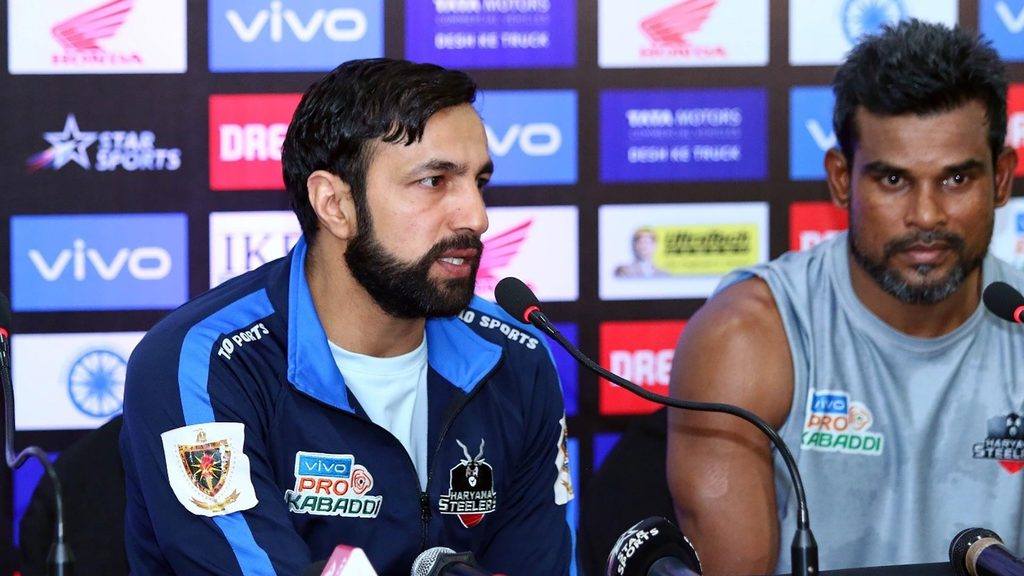 Haryana Steelers coach Rakesh Kumar and captain Dharmaraj Cheralathan in the post-match press conference