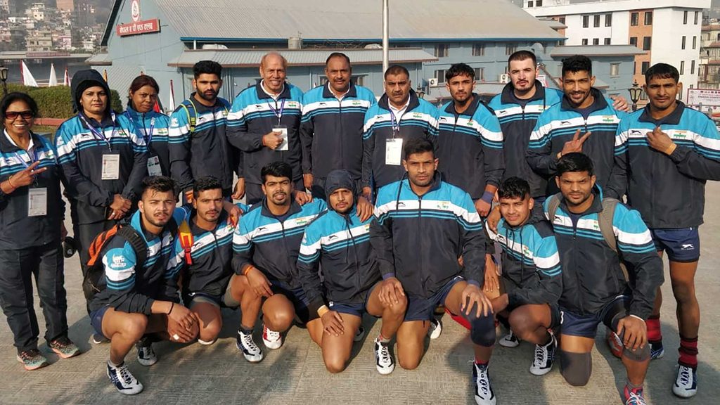 The India national kabaddi team at the South Asian Games 2019.