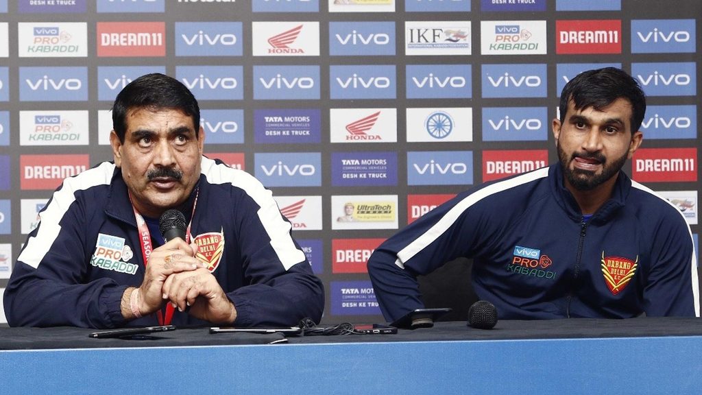 Dabang Delhi K.C. coach Krishan Kumar Hooda and captain Joginder Singh Narwal in the post-match press conference.