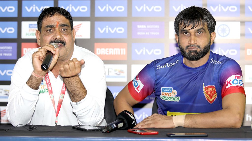 Dabang Delhi K.C. coach Krishan Kumar Hooda and captain Joginder Singh Narwal at the post match press conference.