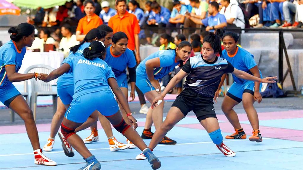 The Andhra Pradesh women’s team in action against the Assam women’s side at the 67th Senior National Kabaddi Championship.