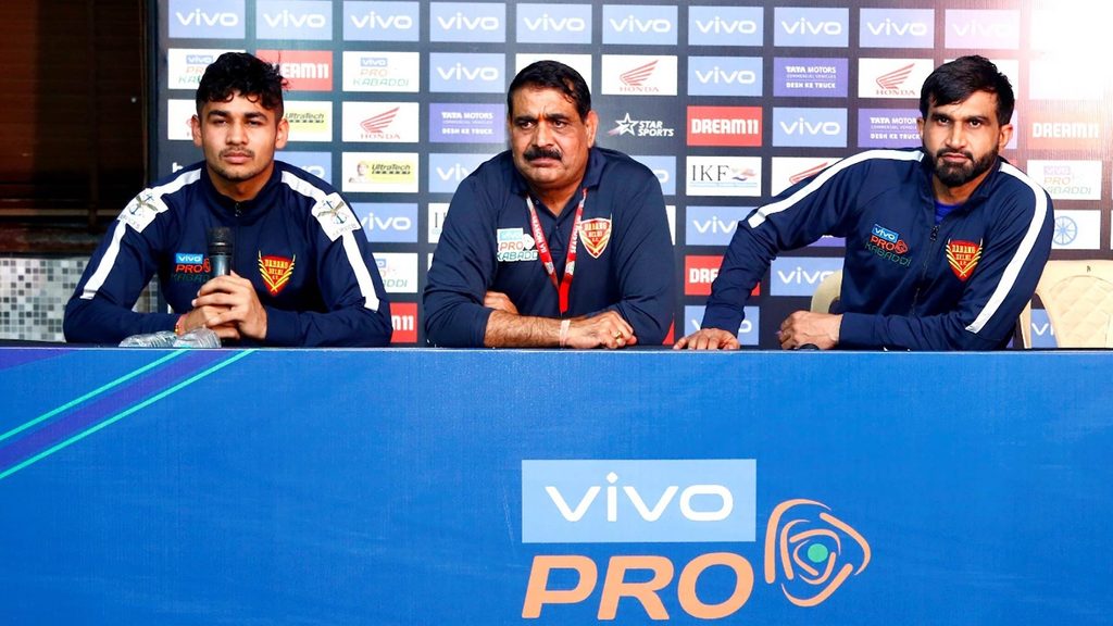 Naveen Kumar, Krishan Kumar Hooda and Joginder Narwal at the post-match press conference.
