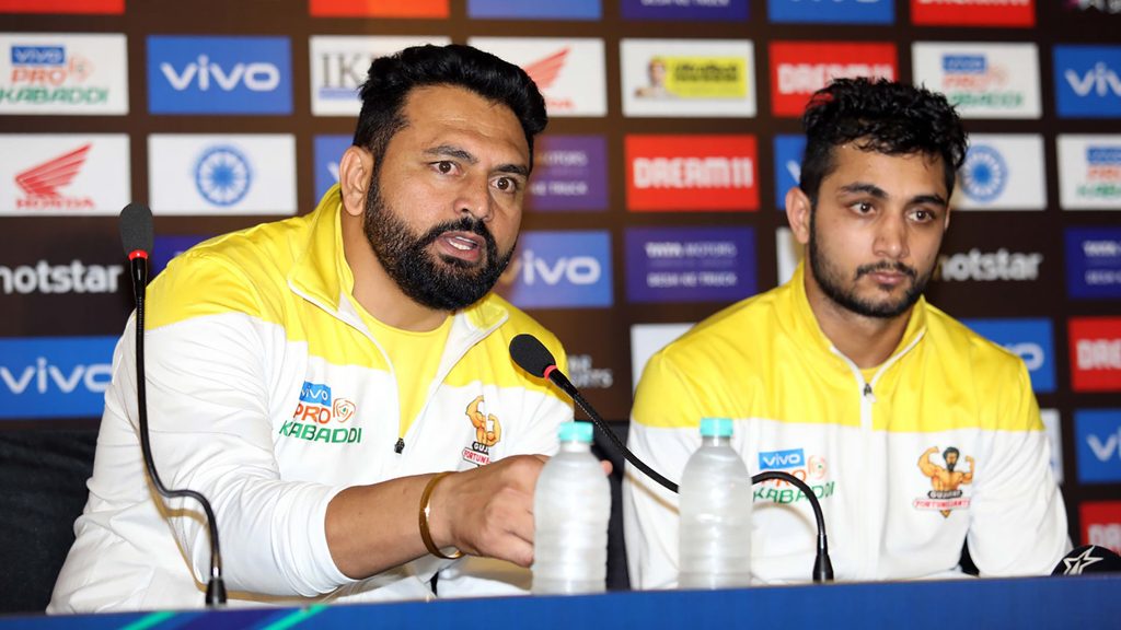 Coach Manpreet Singh and Rohit Gulia take questions after the match.