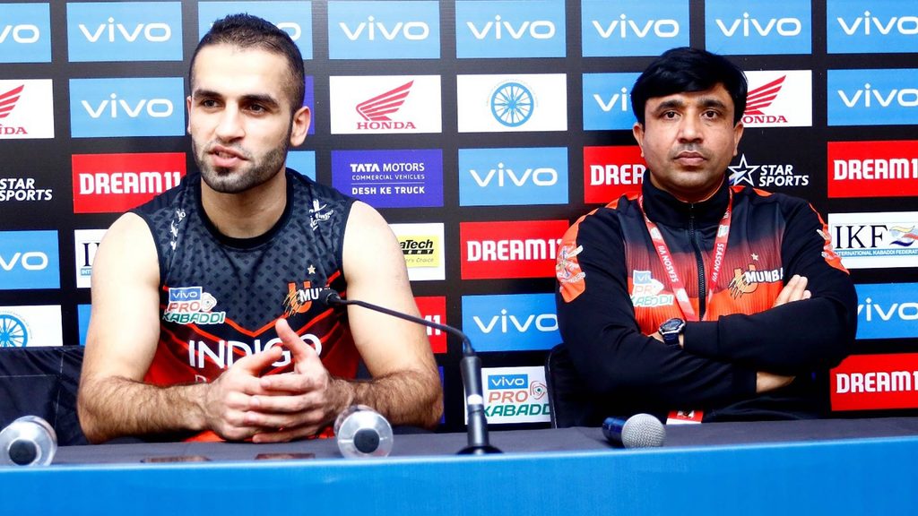 Fazel Atrachali and Upendra Singh after the match against Bengaluru Bulls