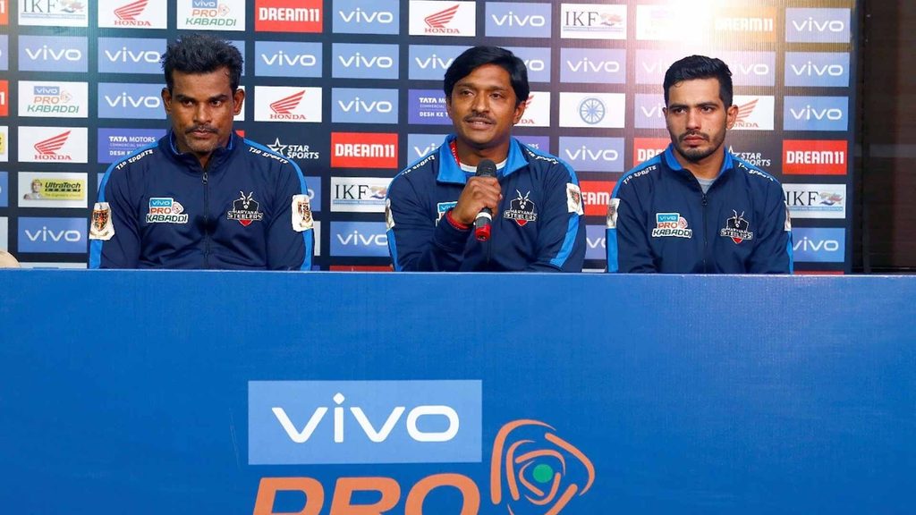 Haryana Steelers’ skipper Dharmaraj Cheralathan, assistant coach Mandar Shetty and Vikash Kandola at the post-match press conference.