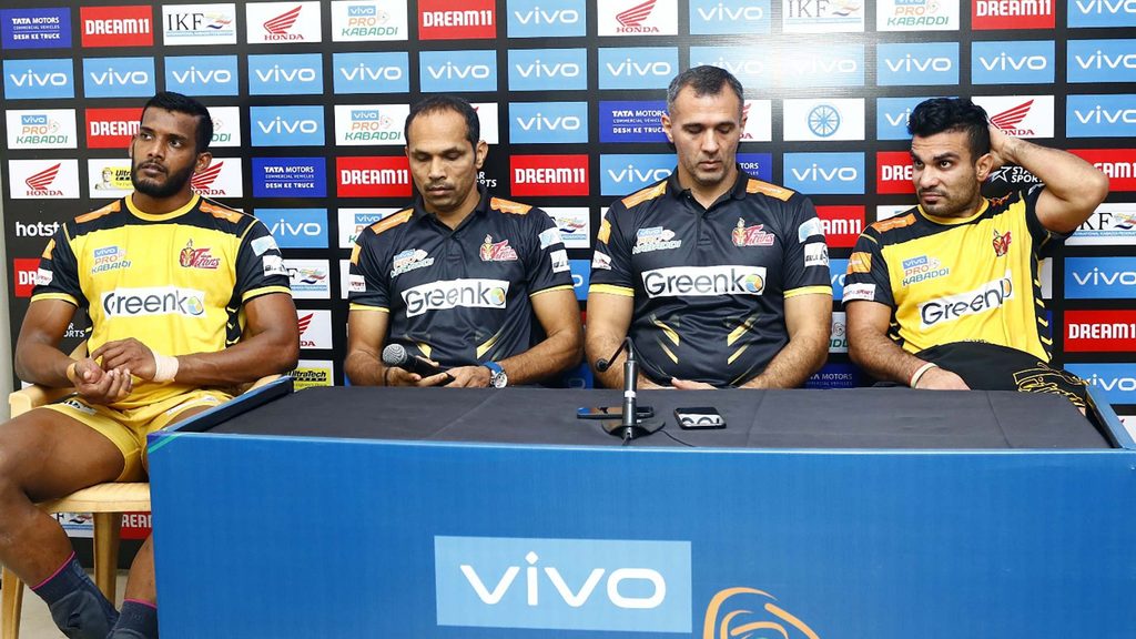 Raider Siddharth Desai, assistant coach Jagdish Kumble, coach Gholamreza Mazandarani and skipper Abozar Mohajermighani at the post match press conference.