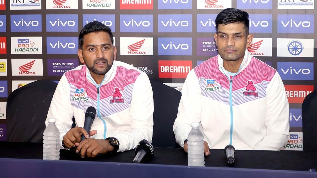 Jaipur Pink Panthers’ coach Srinivas Reddy and captain Deepak Hooda answer reporters.   