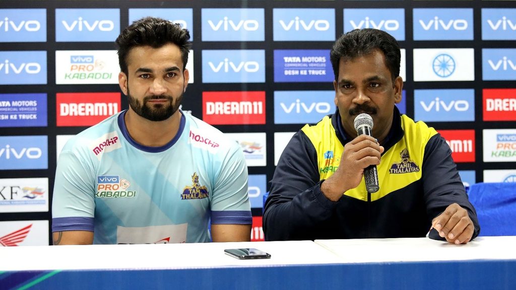 Tamil Thalaivas skipper Ran Singh and coach J Udaya Kumar at the post-match press conference.