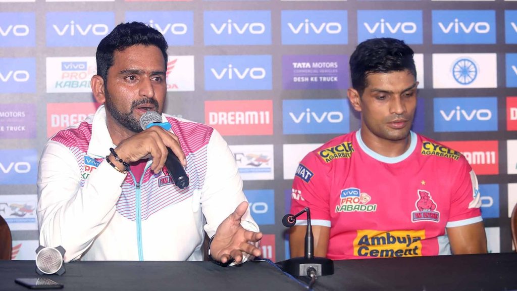 Jaipur Pink Panthers coach Srinivas Reddy and skipper Deepak Niwas Hooda at the post-match press conference.