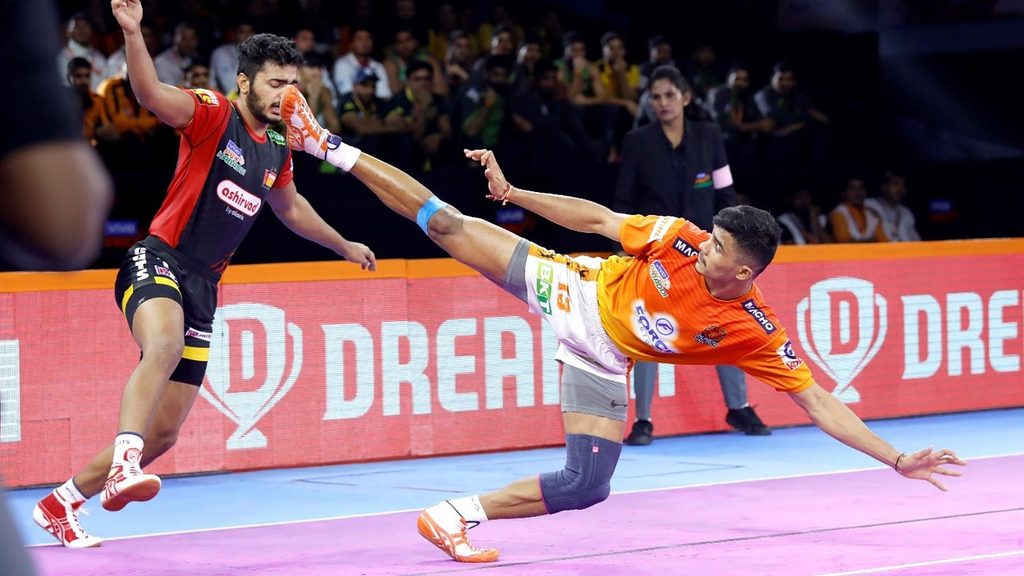 Pankaj Mohite scored 17 raid points against Bengaluru Bulls in Pune.