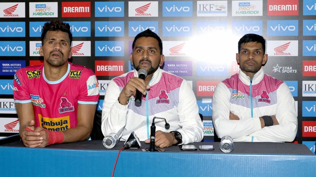 Jaipur Pink Panthers raider Nilesh Salunke, coach Srinivas Reddy and skipper Deepak Hooda at the post-match press conference.