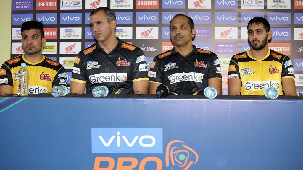 Telugu Titans captain Abozar Mohajermighani, coach Gholamreza Mazandarani, assistant coach Jagdish Kumble and raider Rajnish at the post-match press conference.