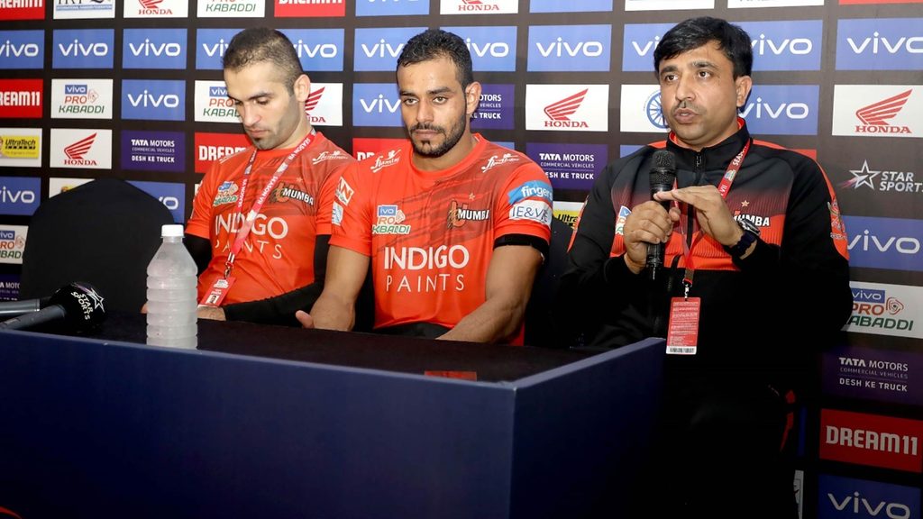 U Mumba’s captain ‘Sultan’ Fazel Atrachali, Abhishek Singh and assistant coach Upendra Kumar attended the post-match press conference