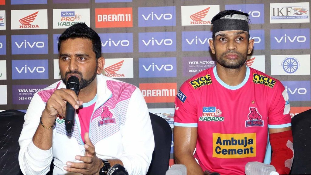 Jaipur Pink Panthers coach Srinivas Reddy and skipper Deepak Niwas Hooda at the post-match press conference.