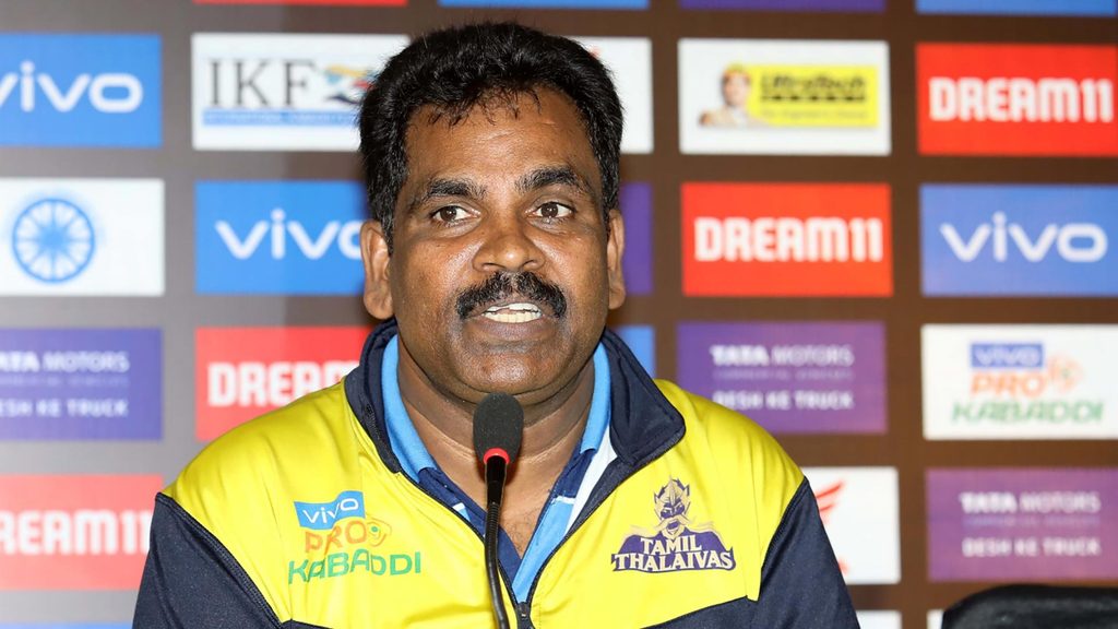 Tamil Thalaivas coach J Udaya Kumar takes questions from the media.