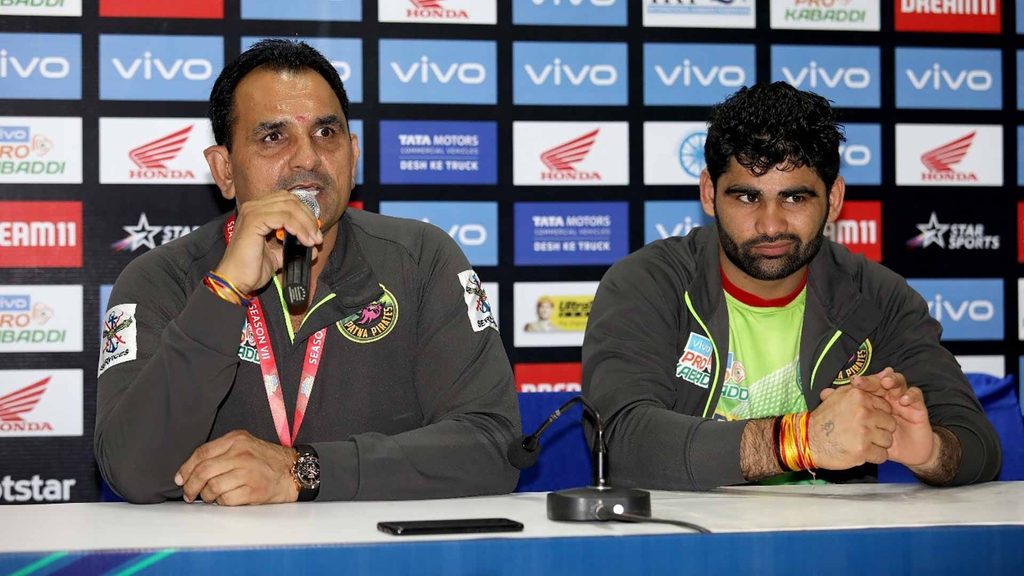 Patna Pirates coach Ram Mehar Singh and skipper Pardeep Narwal at the post-match press conference.