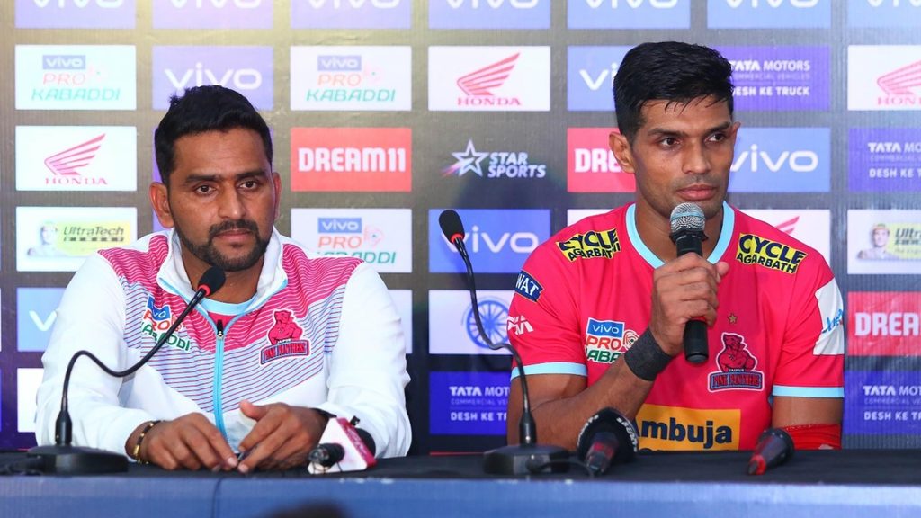 Jaipur Pink Panthers coach Srinivas Reddy and captain Deepak Hooda at the post-match press conference