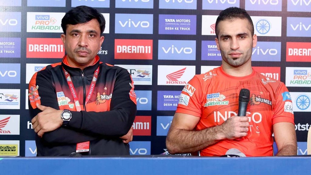 U Mumba assistant coach Upendra Singh and skipper Fazel Atrachali at the post-match press conference.