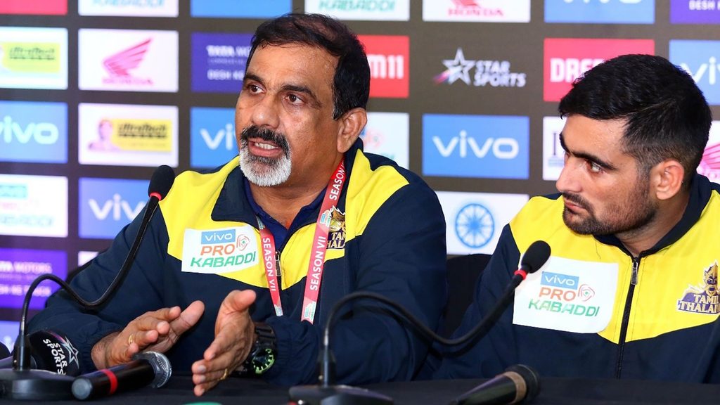 Edacherry Bhaskaran and Rahul Chaudhari at the post-match press conference of Match 25.