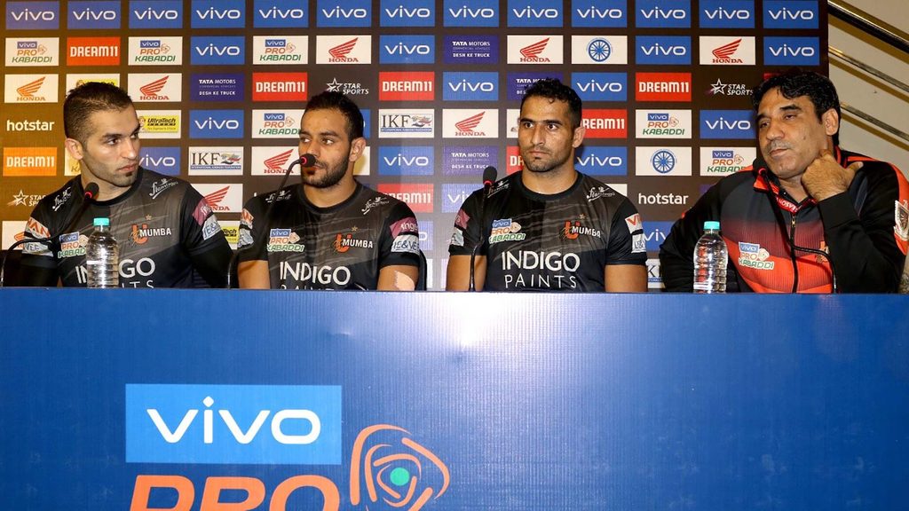 U Mumba’s Fazel Atrachali, Abhishek Singh, Sandeep Narwal and coach Sanjeev Kumar Baliyan at the post-match press conference.