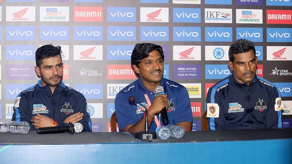Haryana Steelers raider Vikash Kandola, assistant coach Mandar Shetty and skipper Dharmaraj Cheralathan at the post-match press conference.