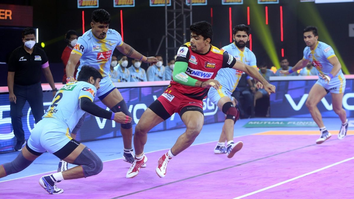Pawan Sehrawat of Bengaluru Bulls looks to get a point against the U.P. Yoddhas in Match 87 of VIVO Pro Kabaddi League Season 8