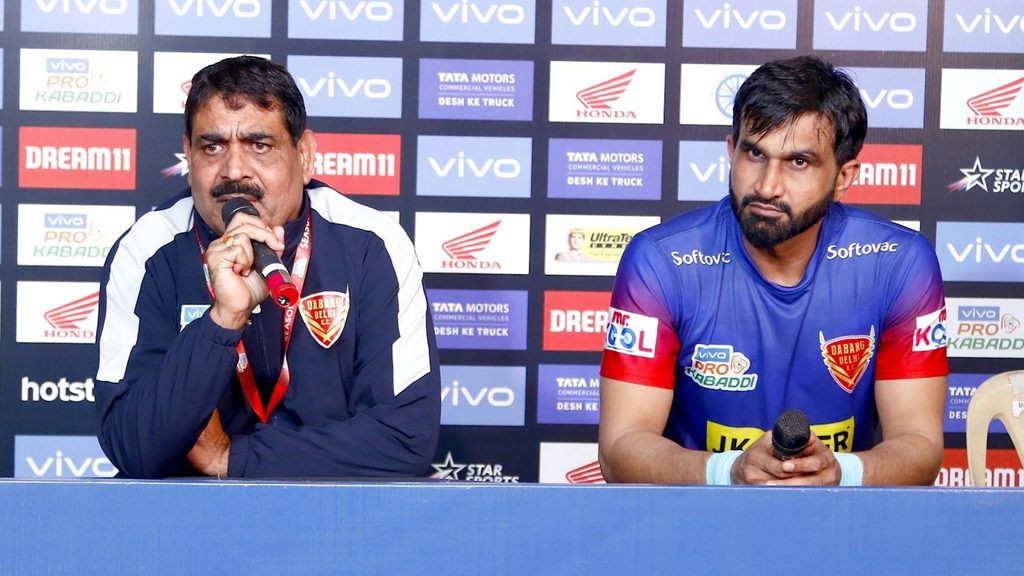 Dabang Delhi K.C. coach Krishan Kumar Hooda and skipper Joginder Singh Narwal at the post-match press conference.