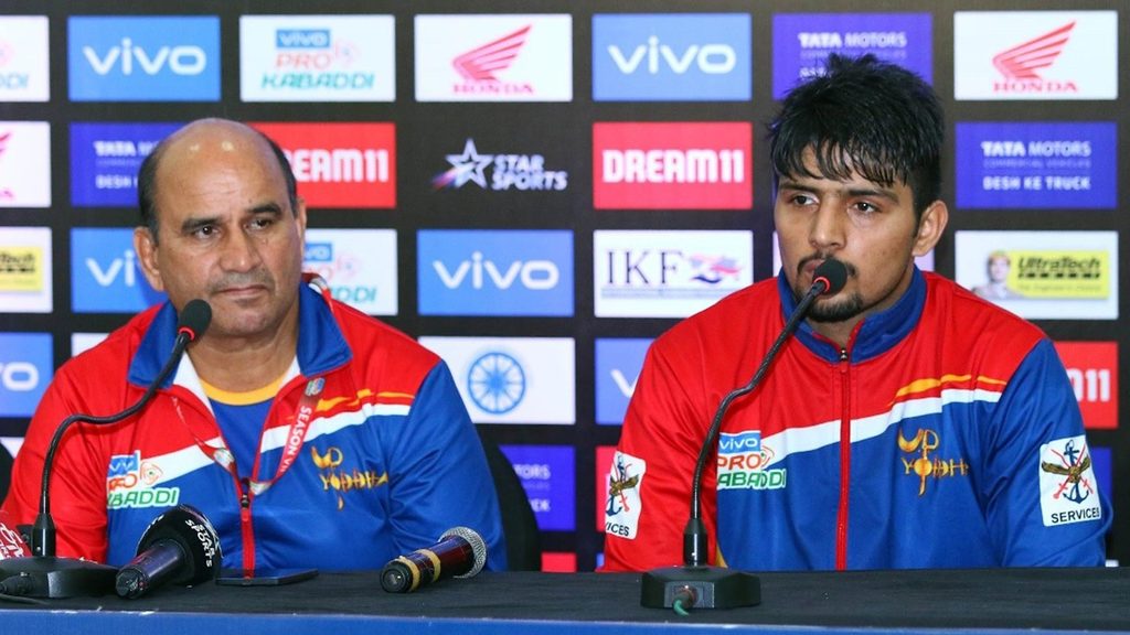 (L-R) U.P. Yoddha coach Jasveer Singh and captain Nitesh Kumar in the post-match press conference.