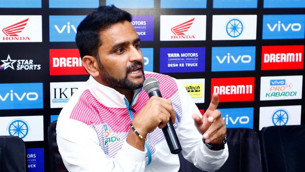 Jaipur Pink Panthers coach Srinivas Reddy takes questions from the media.