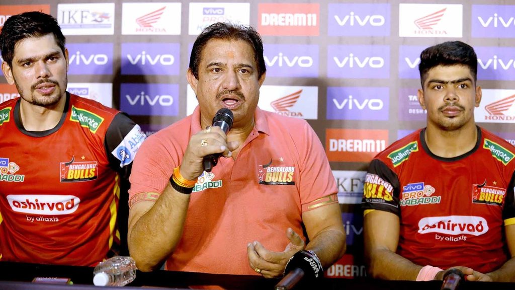 Bengaluru Bulls’ captain Rohit Kumar, coach Randhir Singh and Pawan Sehrawat answer reporters