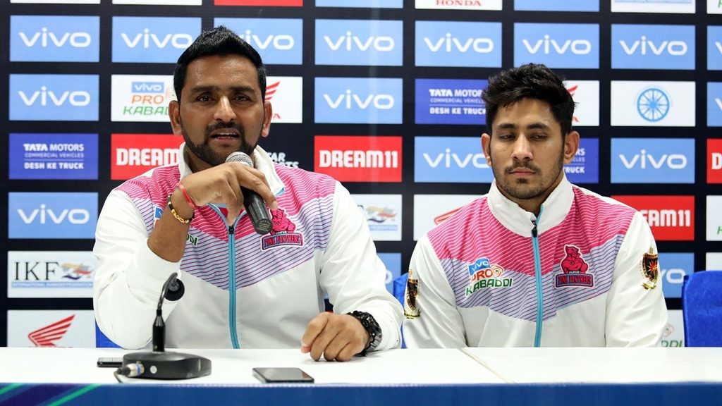Jaipur Pink Panthers coach Srinivas Reddy and Sandeep Dhull at the post-match press conference.