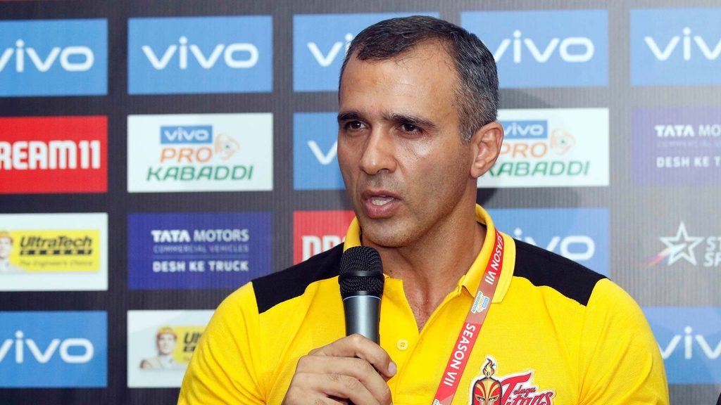 Telugu Titans coach Gholamreza Mazandarani answers questions in the post-match presser