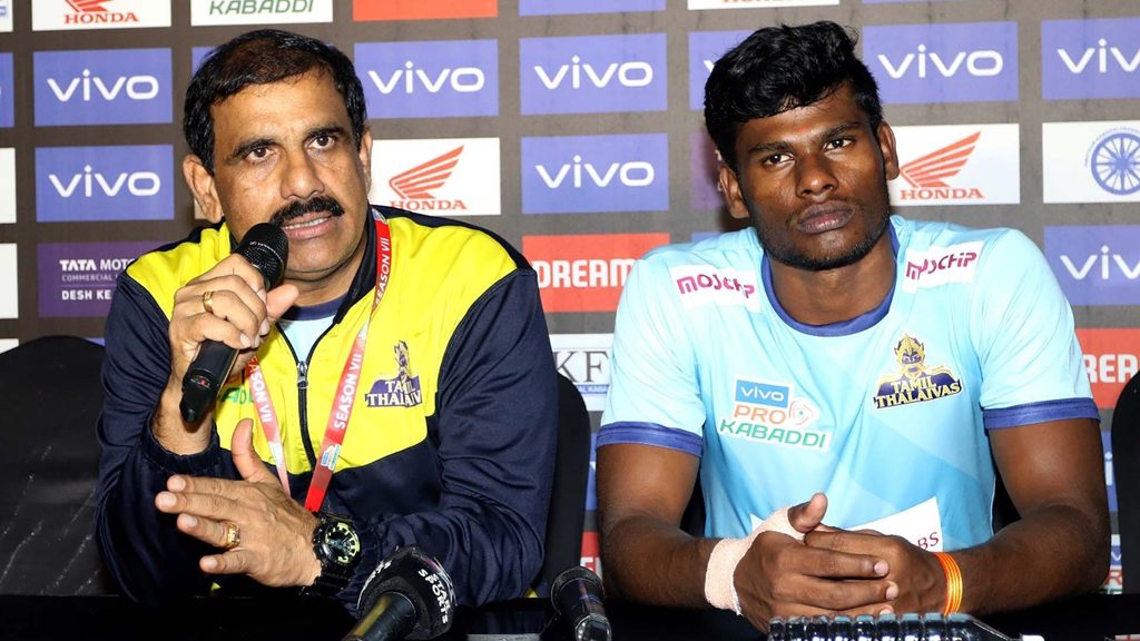Tamil Thalaivas’ coach E Bhaskaran and V Ajith Kumar answer reporters.