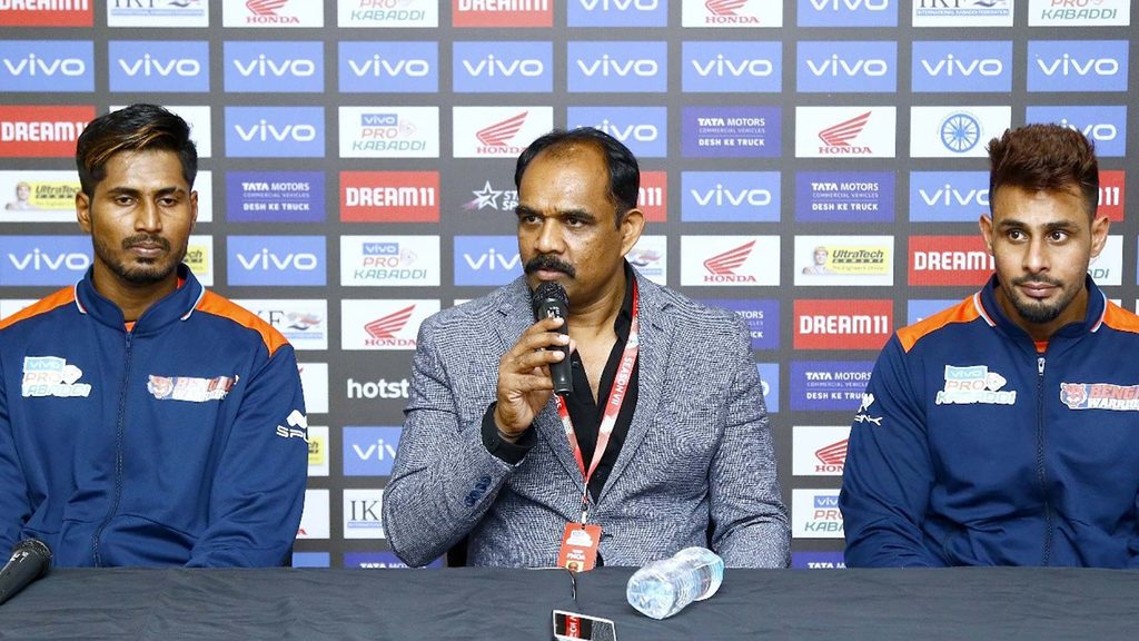 Bengal Warriors' K. Prapanjan, BC Ramesh and Maninder Singh in the post-match press conference. 