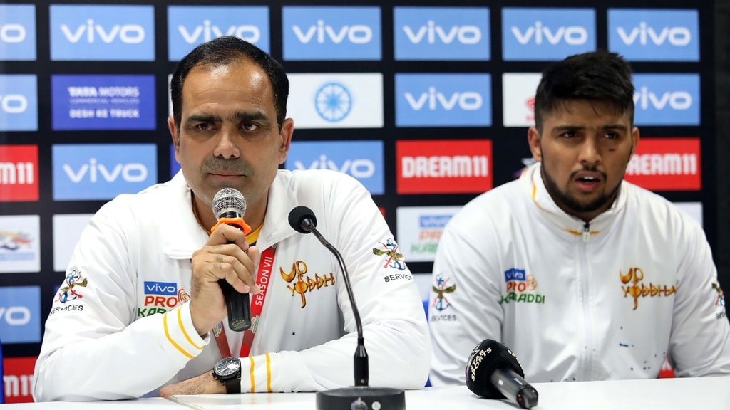 U.P. Yoddha’s coach Jasveer Singh and captain Nitesh Kumar at the post-match conference.