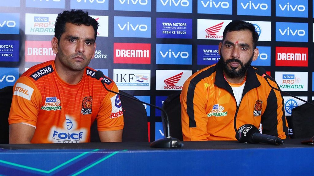 Puneri Paltan skipper Surjeet Singh and coach Anup Kumar in the post-match press conference.