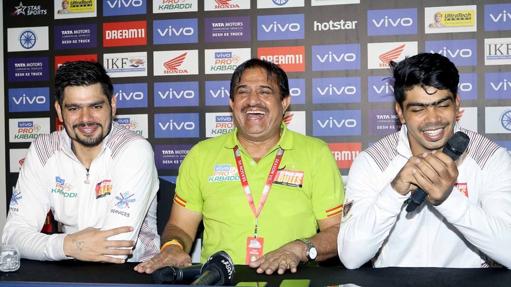 Bengaluru Bulls skipper Rohit Kumar, coach Randhir Singh Sehrawat and raider Pawan Sehrawat at the post-match press conference.