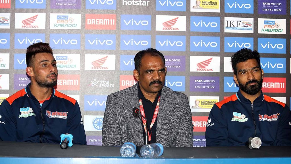 Bengal Warriors’ skipper Maninder Singh, coach BC Ramesh and raider Sukesh Hegde at the post-match press conference
