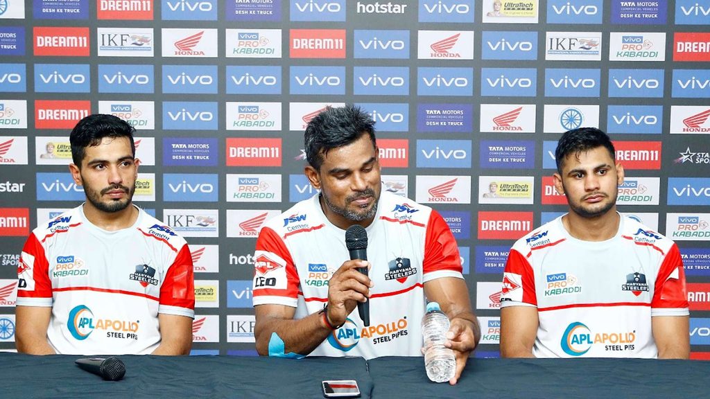 Dharmaraj Cheralathan speaks to the media after Haryana Steelers’ win over U.P. Yoddha  