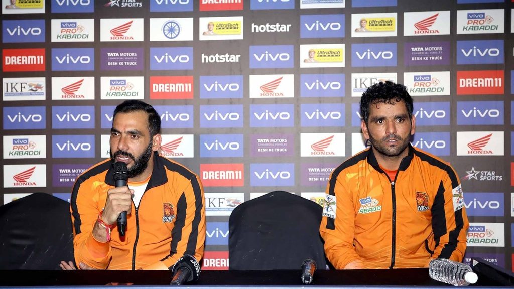 Puneri Paltan coach Anup Kumar and skipper Surjeet Singh the post match press conference.
