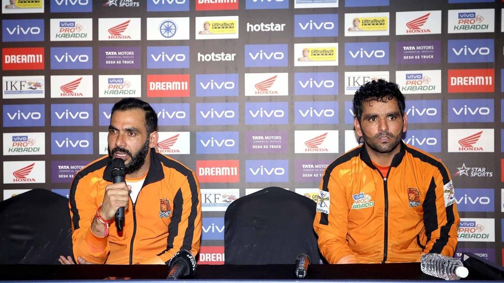 Puneri Paltan coach Anup Kumar and skipper Surjeet Singh the post match press conference.