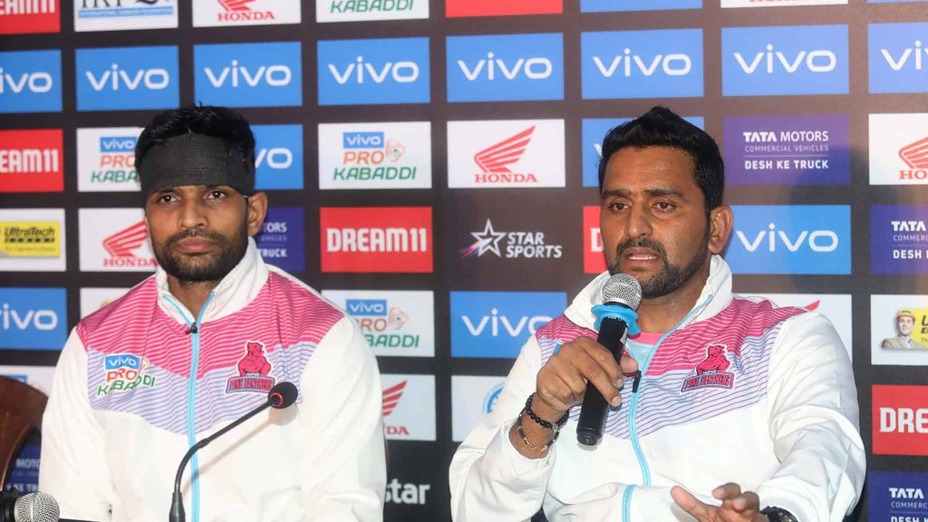 Jaipur Pink Panthers’ skipper Deepak Hooda and coach Srinivas Reddy at the post-match press conference.