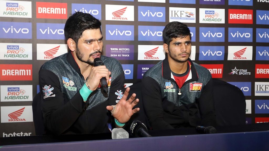 Bengaluru Bulls skipper Rohit Kumar and Saurabh Nandal at the post-match press conference.