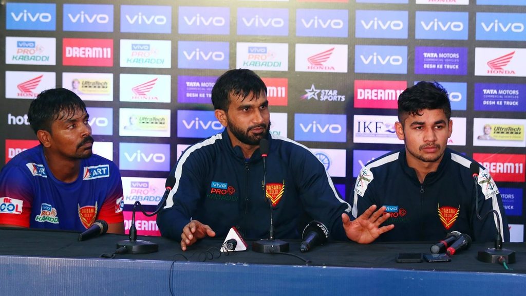 Chandran Ranjit, Joginder Narwal and star raider Naveen Kumar at the post-match press conference