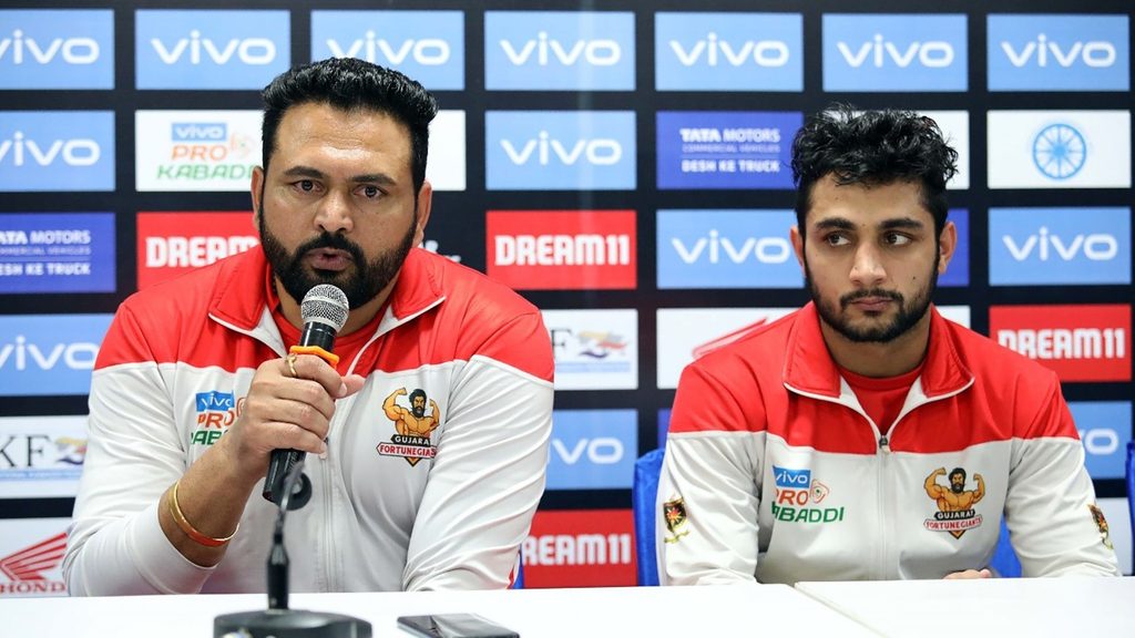 Gujarat Fortunegiants coach Manpreet Singh and captain Rohit Gulia at the post-match press conference.