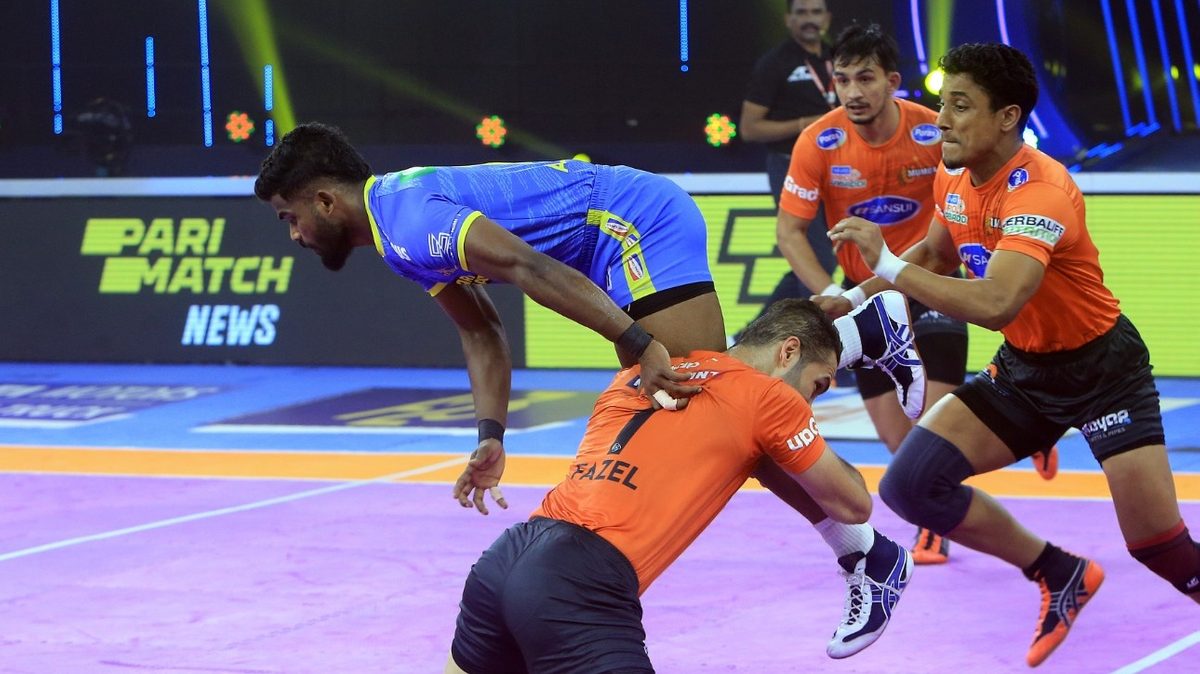 Ajinkya Pawar of Tamil Thalaivas topples over Fazel Atrachali of U Mumba in Match 95 of VIVO Pro Kabaddi League Season 8
